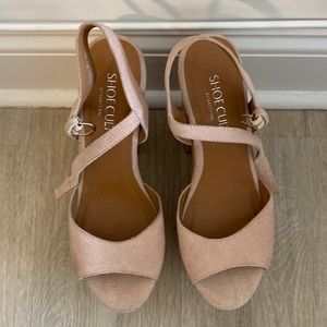 NASTYGAL blush pink suede platform sky high sandals with ankle straps, wood base